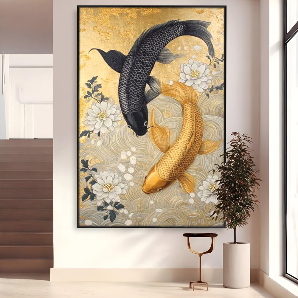 Tablou canvas cu tablou canvas cu doi pesti koi, in rama de aluminiu negru
